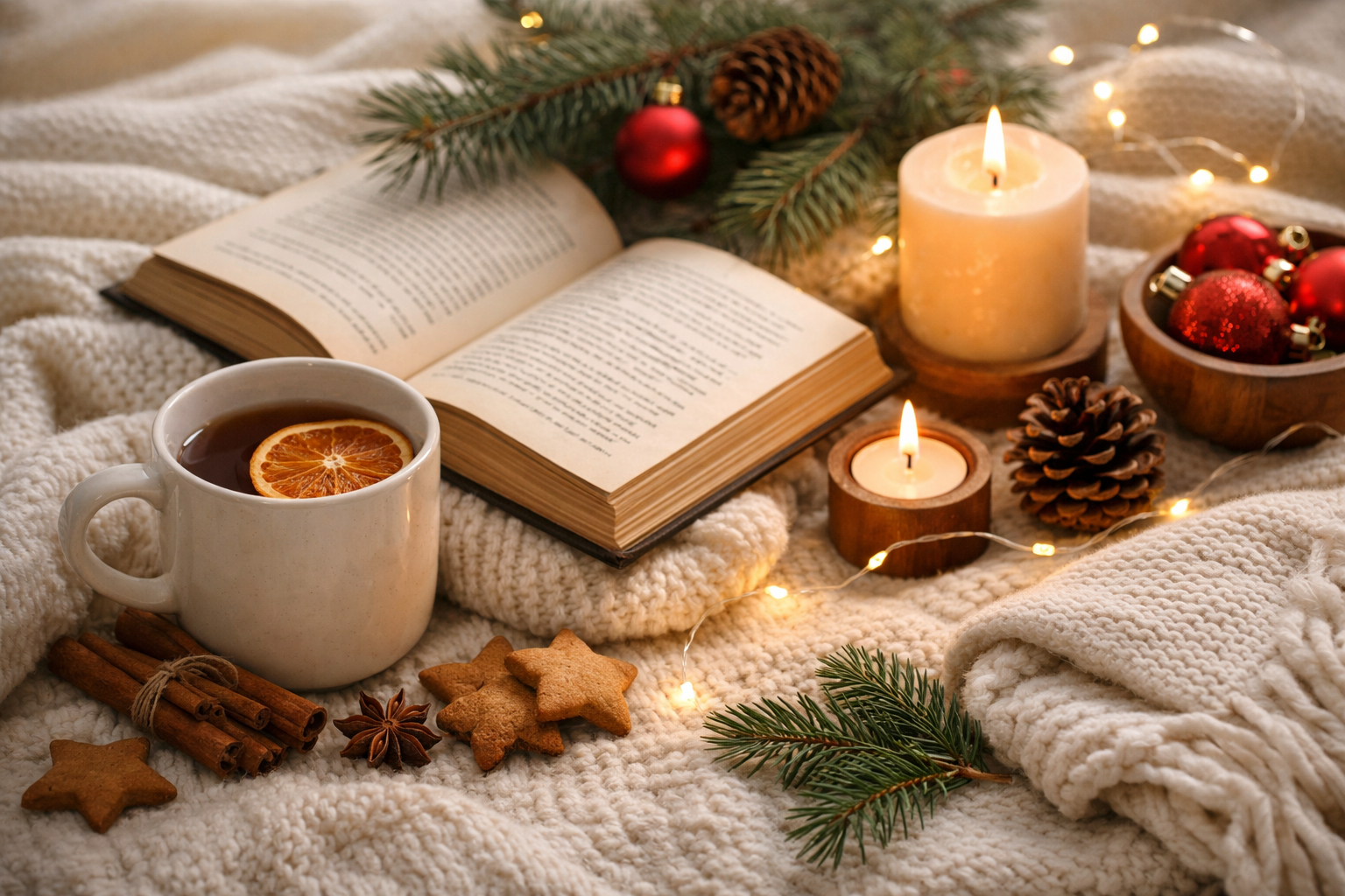 Atmosfera accogliente invernale: libro aperto, candela e tazza calda per prendersi cura di sé durante le feste