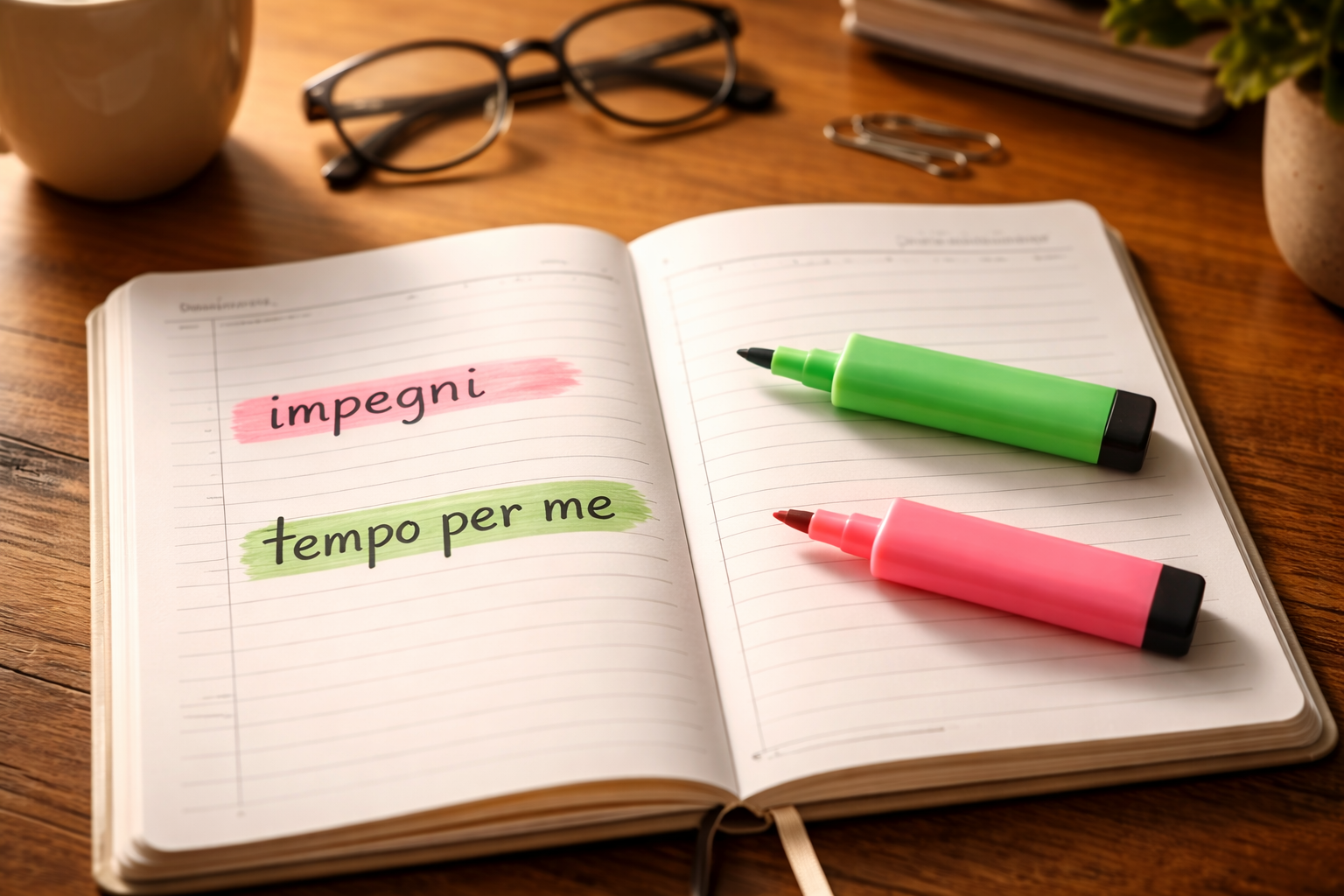 Scrivania con agenda aperta e due evidenziatori: uno su 'impegni', uno su 'tempo per me'